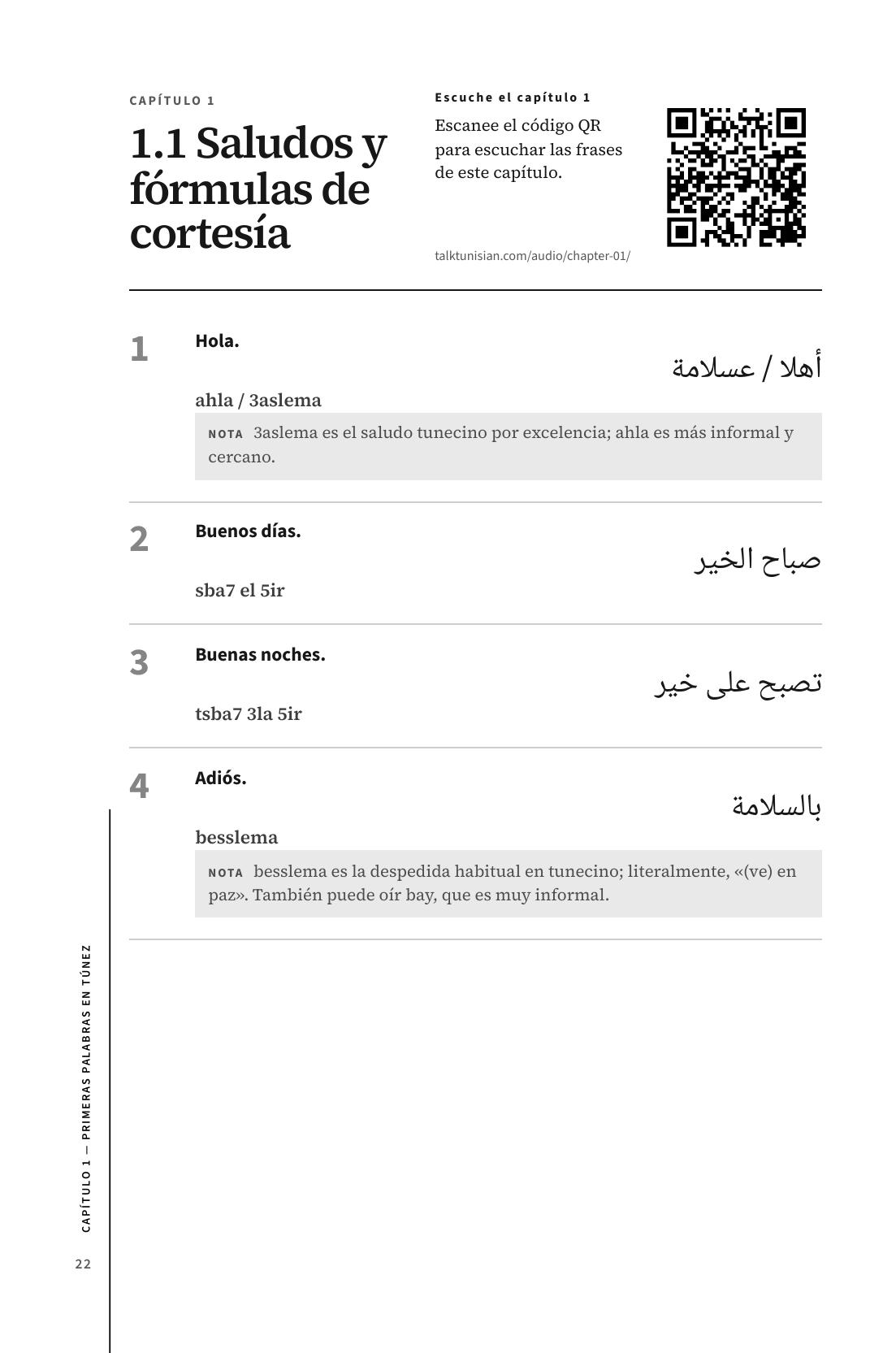 Página real 22: saludos y fórmulas básicas de cortesía, con español, escritura árabe y Arabizi