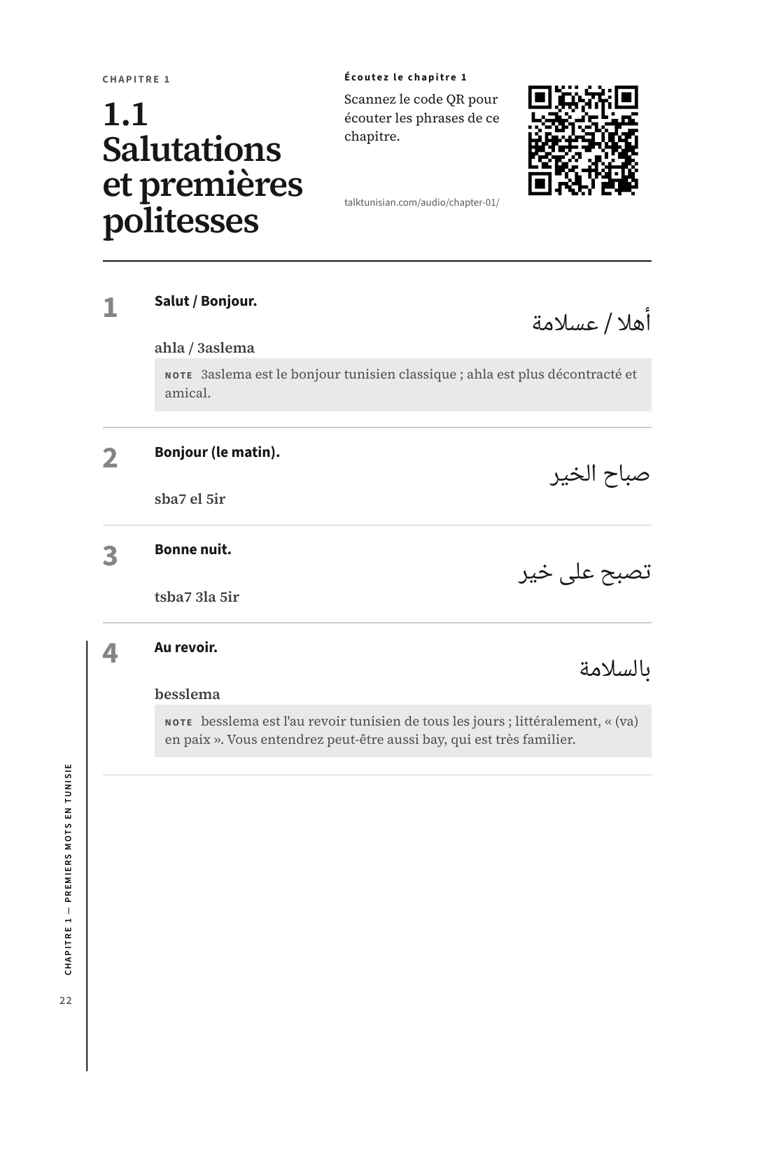 Page 22 du livre : salutations et premières politesses, avec le français, l’écriture arabe et l’Arabizi
