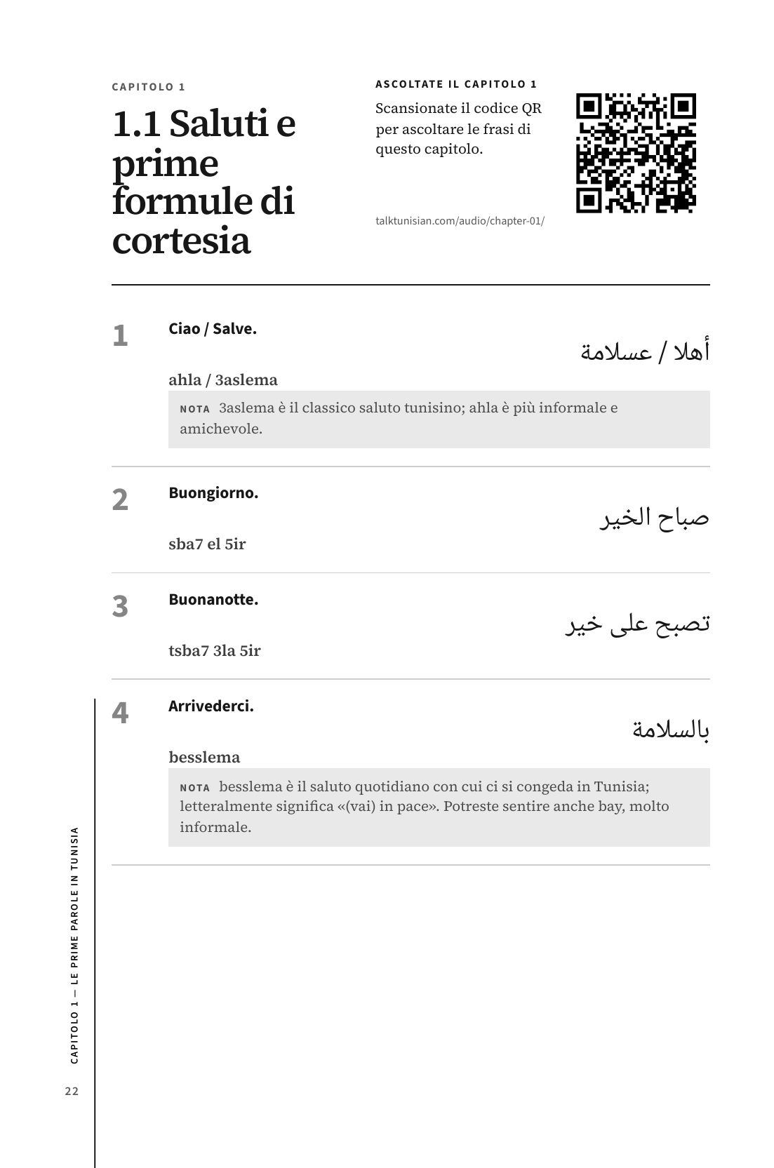 La pagina 22 dell’edizione italiana: saluti e prime formule di cortesia, con italiano, scrittura araba e Arabizi